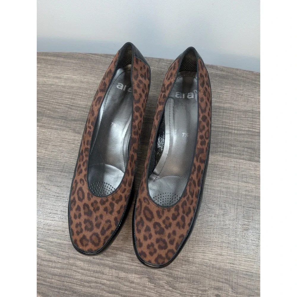 Ara Wedge‎ Shoes Women Leopard Print Patent Black Round Toe Comfort Size 7.5